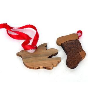 Vintage Wood Christmas Tree Ornaments Dove and Stocking with Red Ribbon Hangers